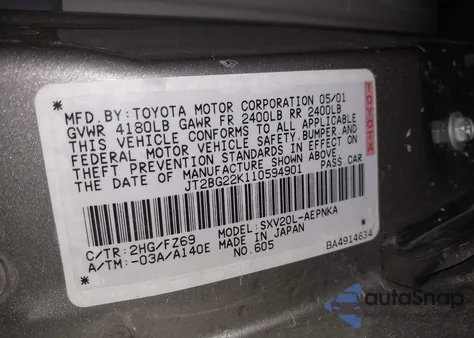 2001 Toyota Camry Le z USA, uszkodzony, nr VIN JT2BG22K110594901